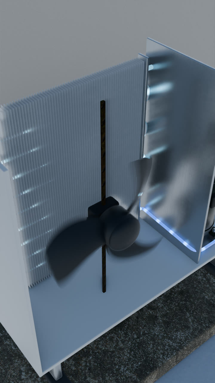 Odprta zunanja enota: ventilator in uparjalnik (kader iz Blenderja)